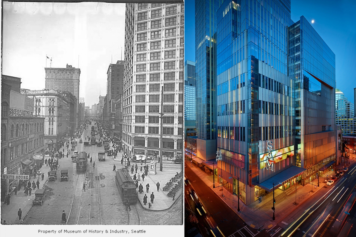 (L) Second Avenue north from Yesler Way, Seattle, 1916; MOHAI, PEMCO Webster & Stevens Collection, 1983.10.10250. (R) Seattle Art Museum, MIRROR, photo by Benjamin Benschneider.