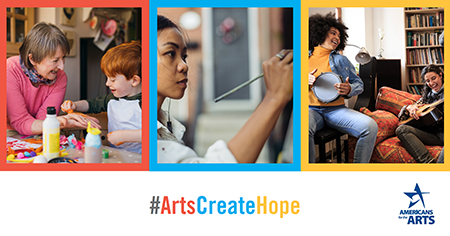 Three photos of people creating art and the hashtag #ArtsCreateHope
