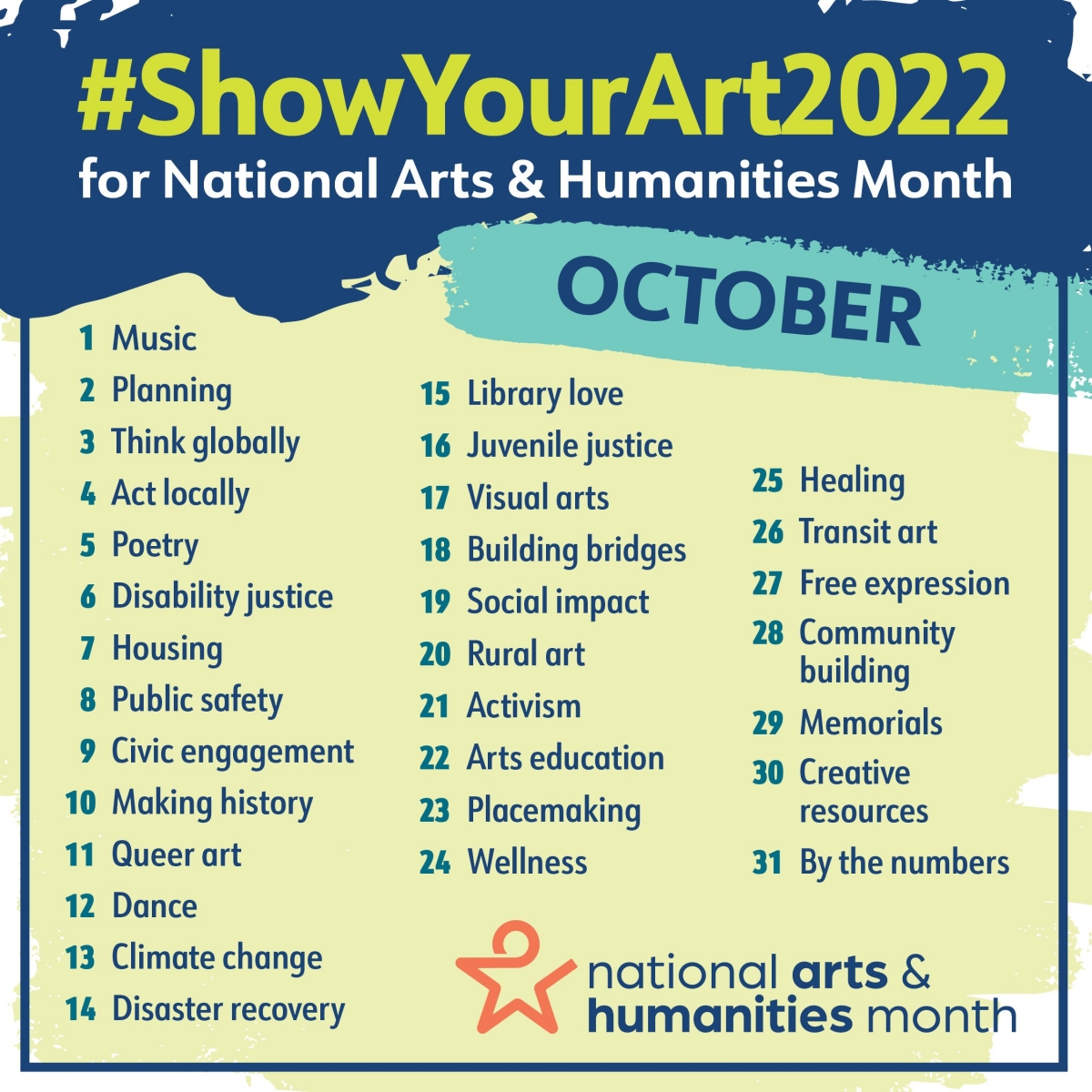 A designed graphic listing the 31 daily themes for Show Your Art 2022 in October.