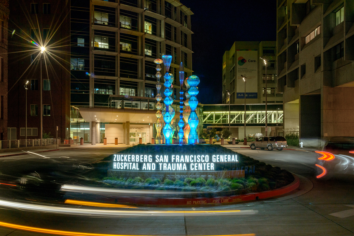 Ethereal Bodies 8 is an earthwork of grasses that elevates eight sculptures located on the traffic circle to the emergency entrance of the Zuckerberg Trauma Center at San Francisco General Hospital. (Photo: Jeremy Green)