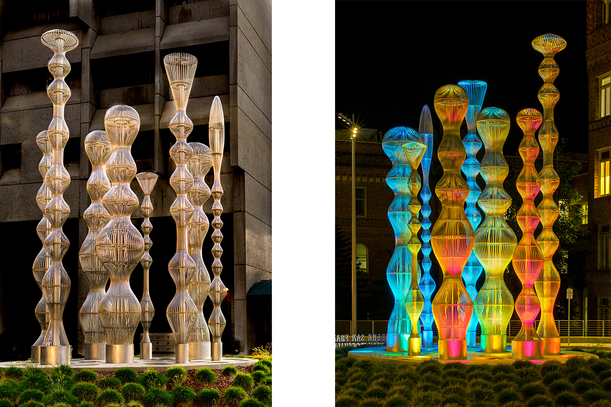 The sculptures offer two different images during the day when interacting with natural and LED lighting at night. (Photos: Jeremy Green)