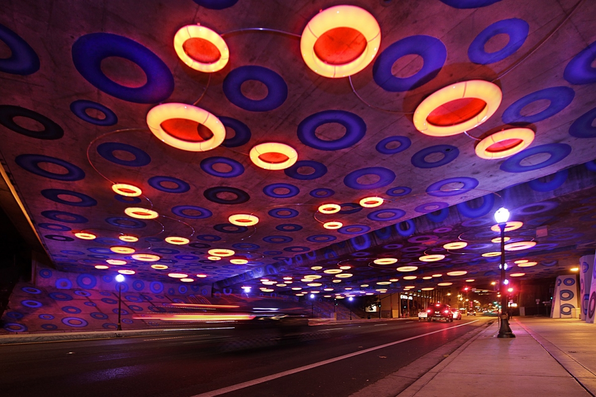 “Sensing YOU” by Dan Corson in San Jose, CA, was commissioned by San Jose Public Art and San Jose Downtown Association to address an underpass “considered by most to be a barrier to pedestrian traffic and a danger for cyclists, particularly at night when the lighting was minimal.” Click the photo to learn more.