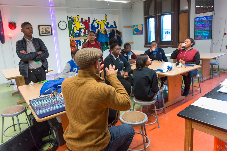 DJ King Britt visits Mastery Charter’s Shoemaker Campus for a lesson on sound mixing. Photo by Steve Weinik.