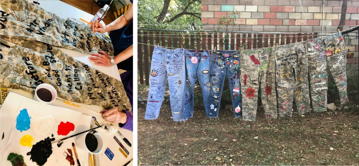 Road to Recovery: Begins with a Single Step project included Military Brats and/or Spouses painting their recovery stories on jeans and veterans painting on ACUs (Army Combat Uniforms). All painted pants are part of a permanent exhibit, “Addiction/Recovery Military Families Cope.”
