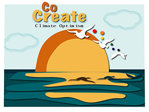 Orange, yellow, and blue illustration of sunset on water with white seagulls flying by and text CoCreate Climate Optimist