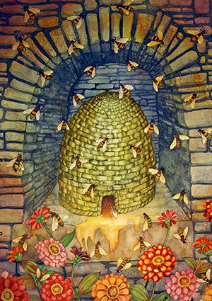 Painting of golden beehive sitting in yellow brick hearth with bees circling; honey flowing; and red, orange, and pink flowers blooming in foreground.