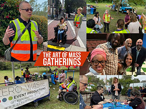 Collage of six photographs of people surrounding text: The Art of Mass Gatherings.