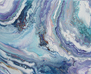 Painting of swirling blues, purples, pinks, and whites.