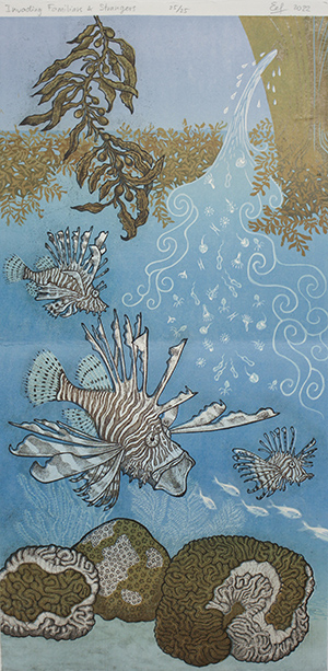 Underwater sea life scene on print in blues, browns, and greens.