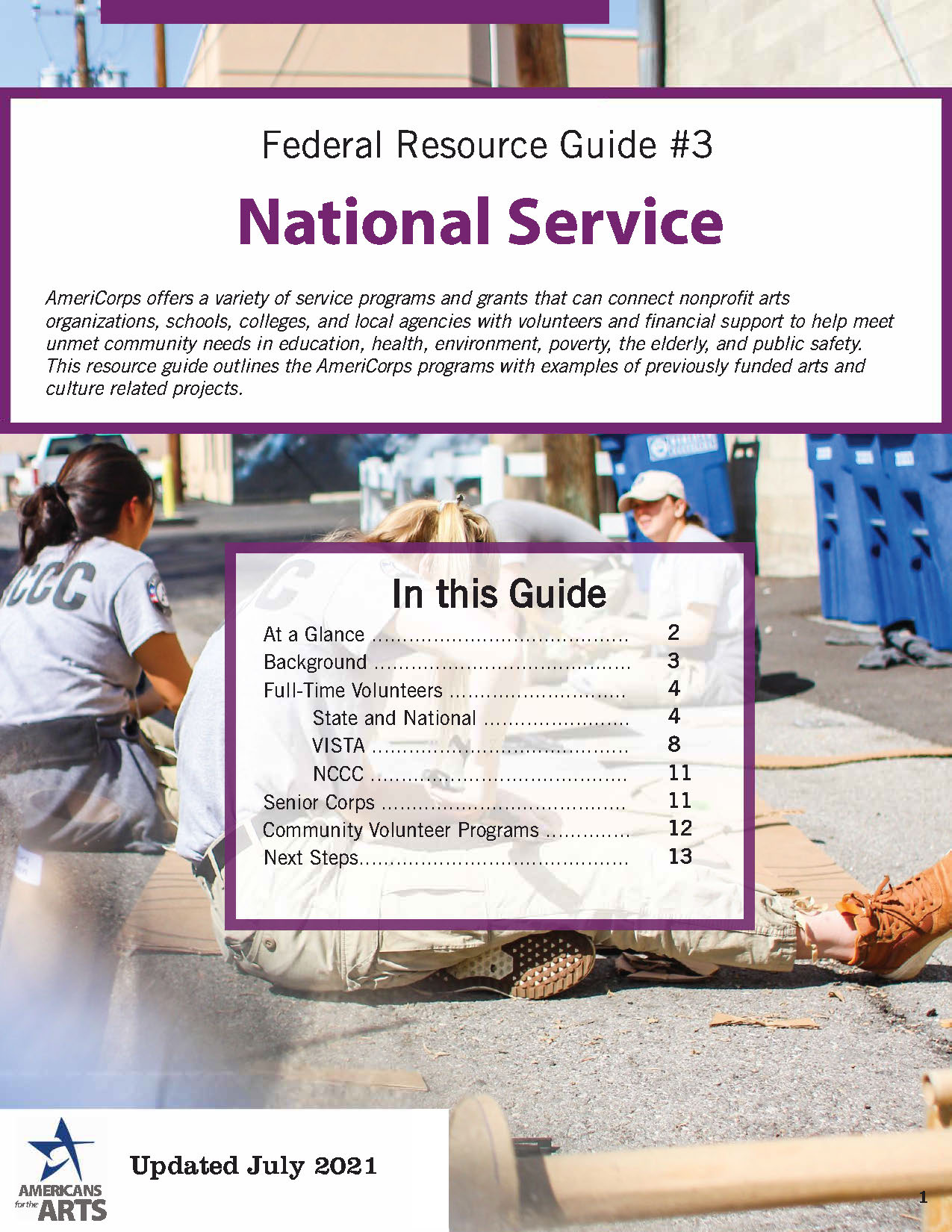 A thumnail cover image of the National Service guide, featuring an image of a group of people working on a wood project in an alley