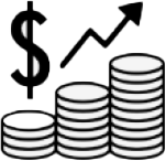 A simple icon showing a stack of coins, a dollar sign, and an upward charting line