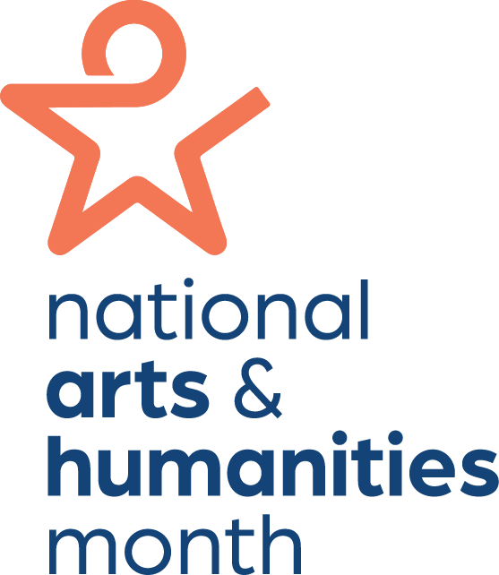 Logo with orange star icon and four stacked lines of blue text below it reading 'National Arts & Humanities Month