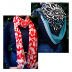 Two photos of people wearing a red floral scarf and a blue and black mandala scarf.