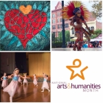 A grid of images showing artworks and cultural experiences plus the National Arts & Humanities Month logo