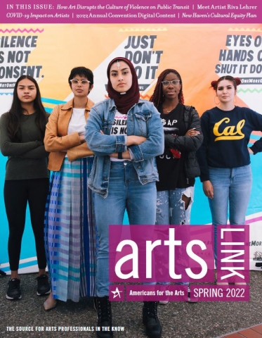 The cover of the Spring 2022 issue of Arts Link, depicting five people standing stoically in a V-formation, most with crossed arms.