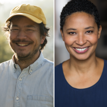 Side by side photos of Rosten Woo, a smiling person wearing a yellow hat and a denim shirt, and Danielle Allen, a smiling person with short dark hair wearing a blue top.