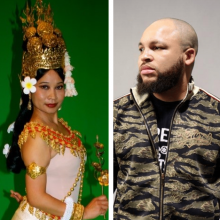 Split image of two people. Person on left has long black hair and is wearing a pink dress with gold and red embellishments, and a tall, gold headdress. Person on right has facial hair and is wearing a green, beige, and black pattered jacket.