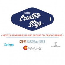 Logo for Creative Stays, which resembles a vintage motel sign with its font and diamond shape. Below the logo text reads: Artistic itineraries in and around Colorado Springs.