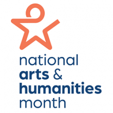 Orange star with "national arts & humanities month" in blue text below it