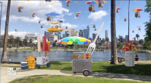 Three-dimensional street vendor carts float in the sky and line a park walkway with a city skyline in the background.